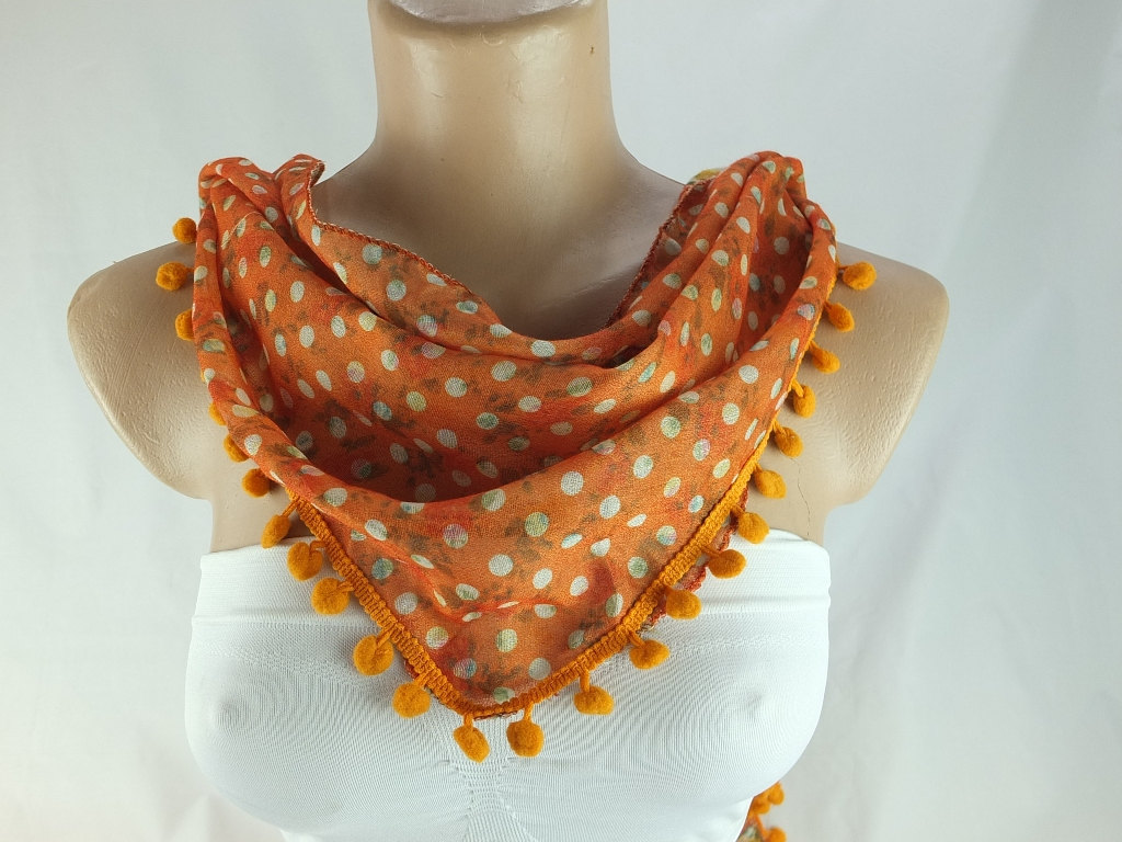 Orange Scarf , Cotton Scarf With Pompom Trim, Polka Dots Triangle Scarf Shawl, Gift Ideas For Her
