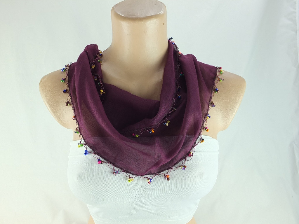 Aubergine Color Scarf, Cotton Scarf,cowl With Beaded Edges Neckwarmer, Scarf Necklace, Foulard,navy Blue Scarflette,christmas Gift For Her