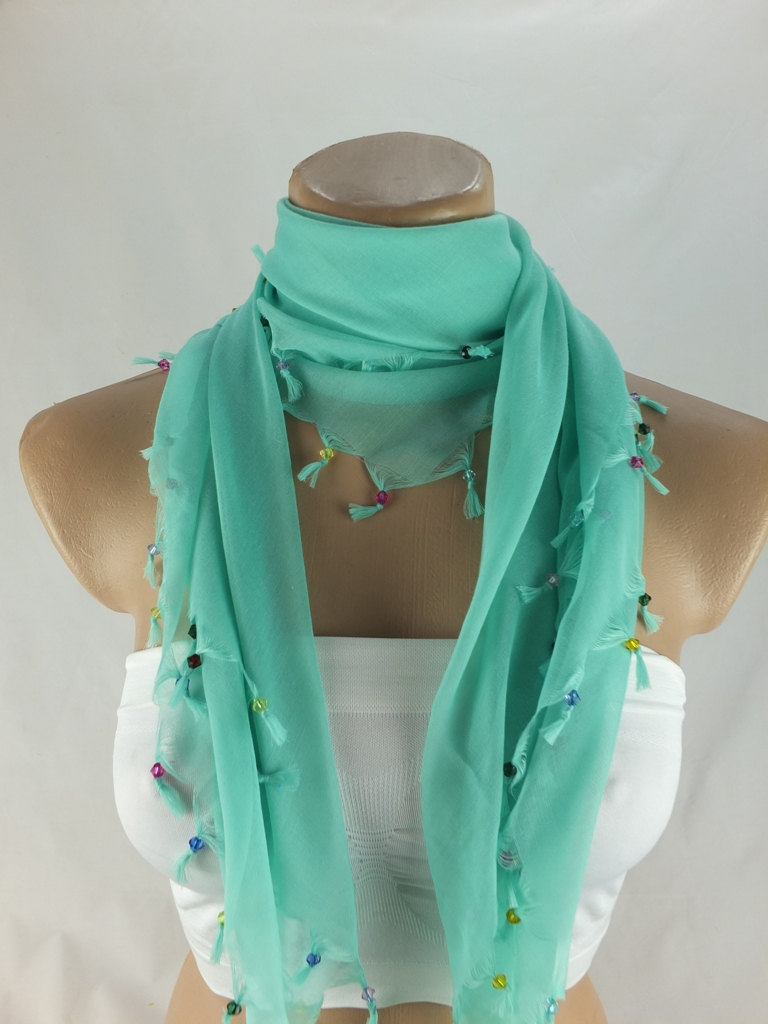 Mint Green Scarf With Cyrstal Beads, Square Head Scarf,traditional Turkish Scarf Shawl, Fabric Shawl, Christmas Gift For Her,