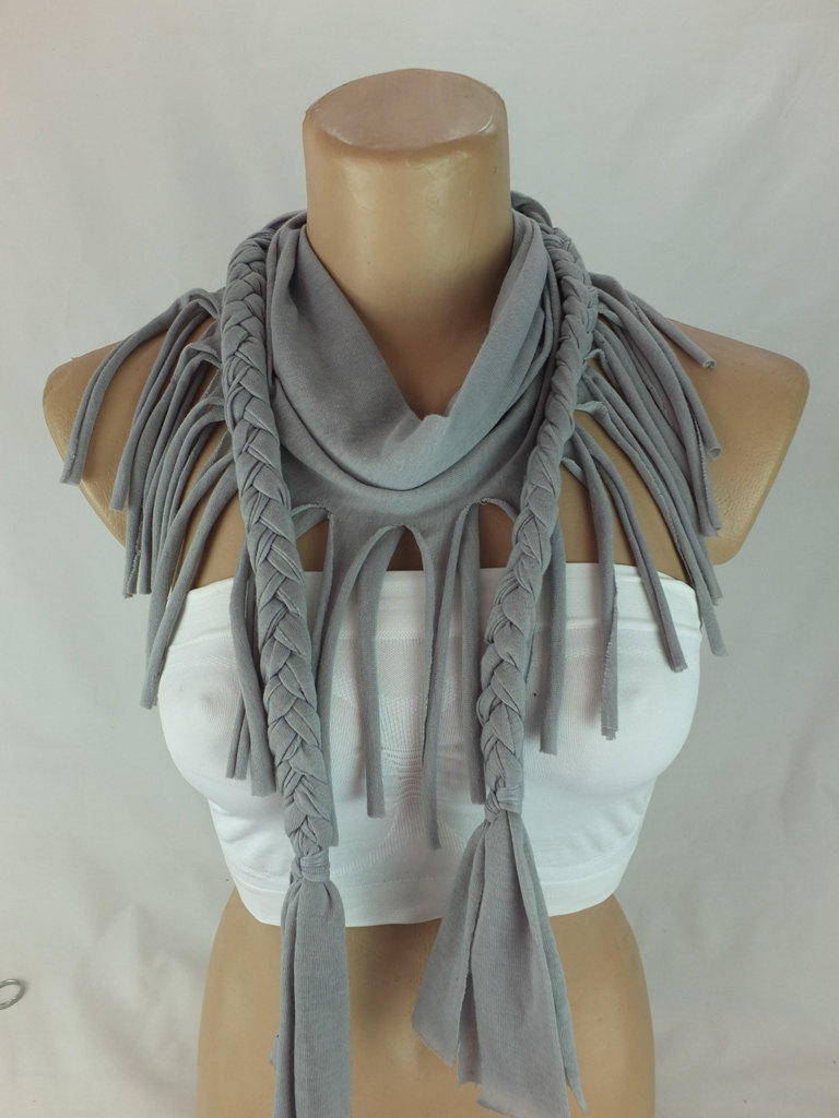 Gray tshirt scarf with braided edges, Fringed scarf, Neckwarmer , Fabric scarf, Womens scarves, Christmas gift ideas for her