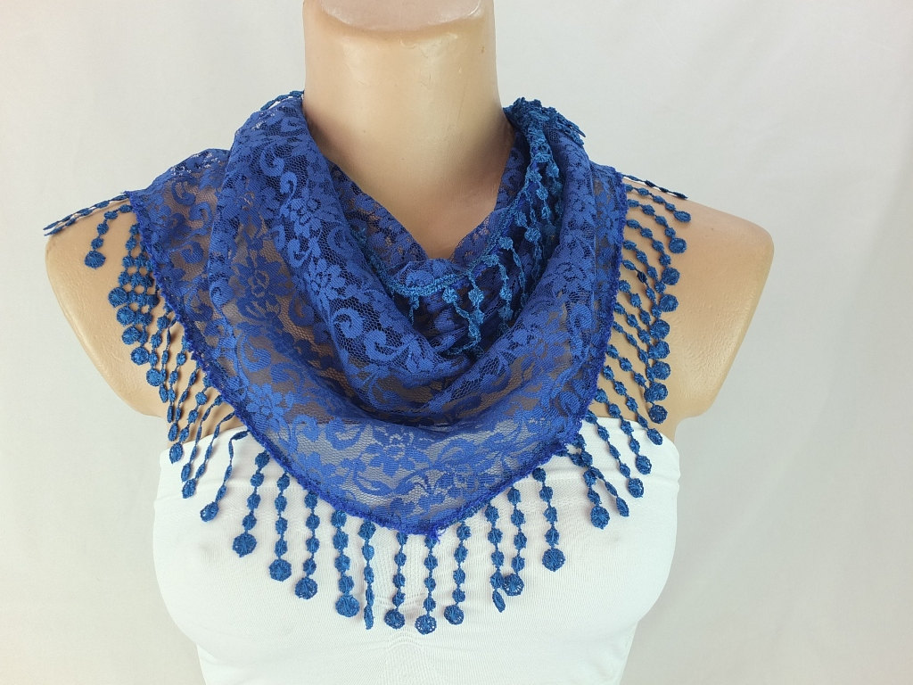 Dark Blue Lace Scarf , Cowl With Lace Trim,summer Scarf, Neck Scarf, Foulard,scarflette,bandana, Pink Scarf, Gift Ideas For Her