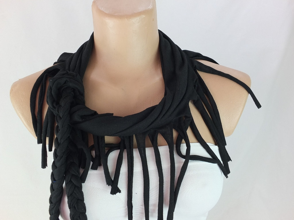 Black tshirt scarf with braided edges, Fringed scarf, Neckwarmer , Fabric scarf, Womens scarves, Christmas gift ideas for her