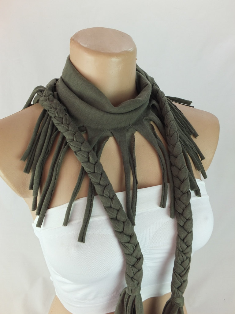 Khaki Green Tshirt Scarf With Braided Edges, Fringed Scarf, Neckwarmer , Fabric Scarf, Womens Scarves, Christmas Gift Ideas For Her