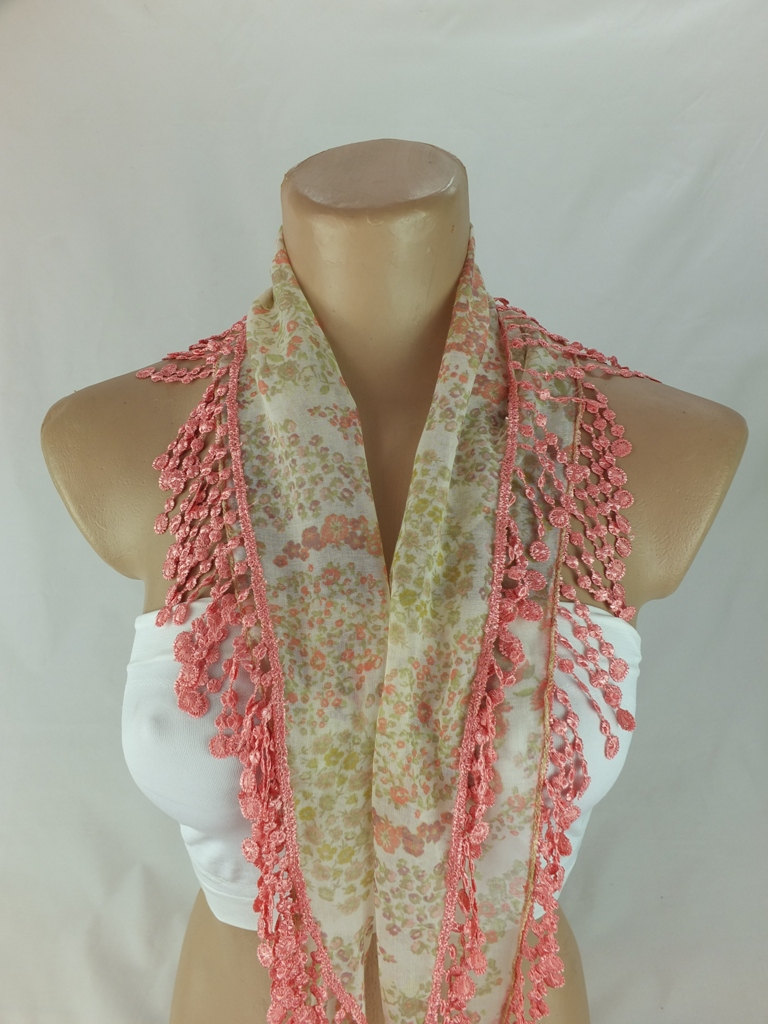 Pinkish Floral Scarf, Cowl With Lace Trim,neckwarmer, Scarf Necklace, Bridesmate Gift, Foulard,scarflette,