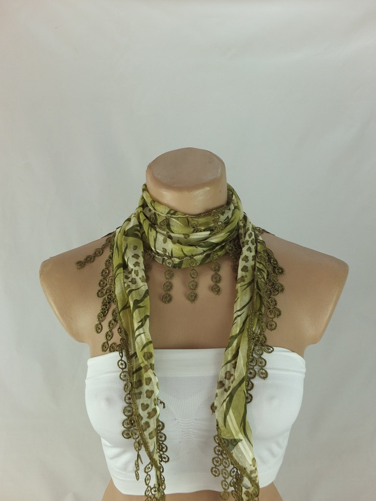Green chiffon scarf, fashion scarf, cowl with polyester lace trim,summer scarf, neck scarf, green foulard,scarflette,bandana