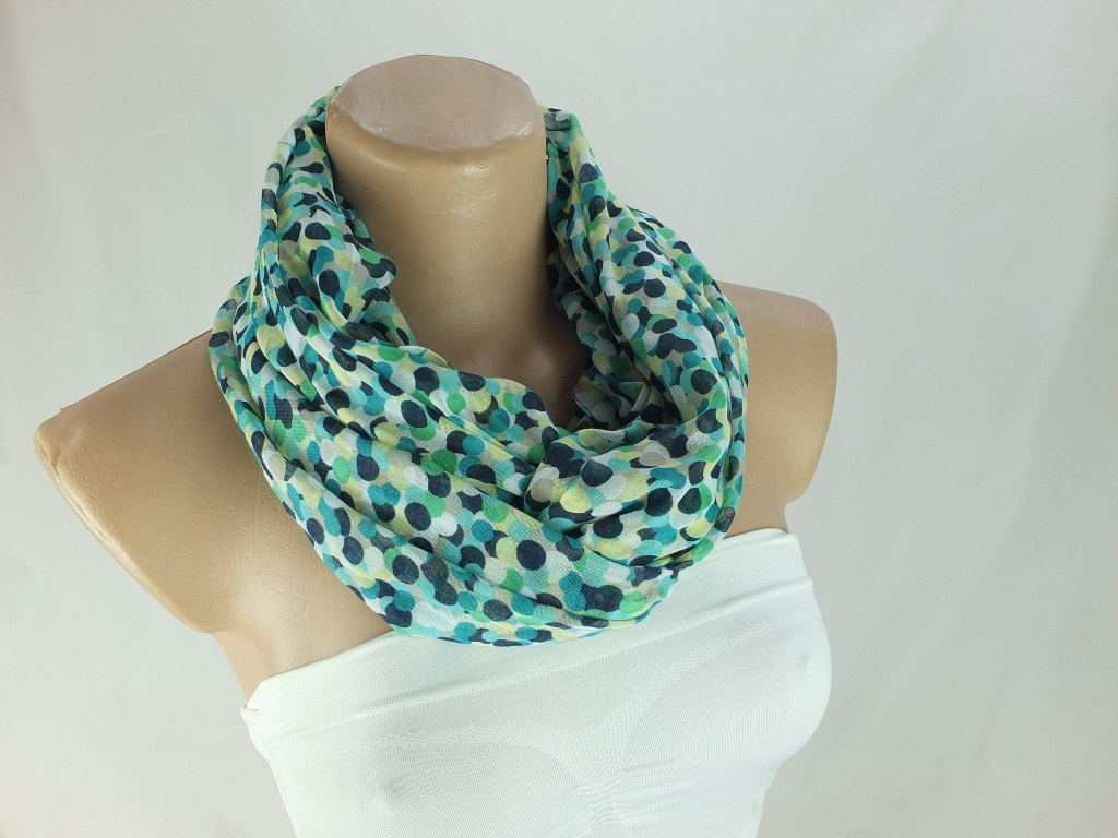 Single Layer Green Dots Infinity Scarf, Loop Scarf, Woman Scarf, Fabric Scarf, Circle Scarf,ring Scarf,fashion Scarf, Gift For Her