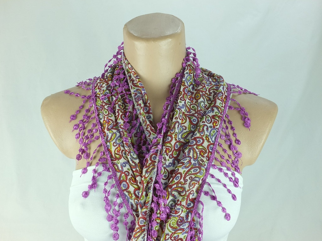 Multicolor paisley scarf, fringed scarf, cotton scarf, cowl with polyester trim,neckwarmer, lace edge scarf necklace, foulard,scarflette,