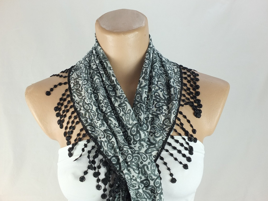 Black Paisley Scarf, Fringed Scarf, Cotton Scarf, Cowl With Polyester Trim,neckwarmer, Lace Edge Scarf Necklace, Foulard,scarflette,
