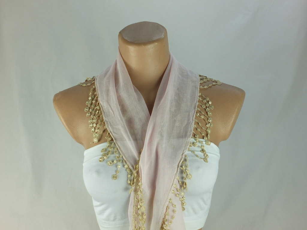Pale Pink Scarf, Cotton Scarf, Cowl With Polyester Trim, Cotton Neckwarmer, Scarf Necklace, Womens Foulard,scarflette, Christmast Gift