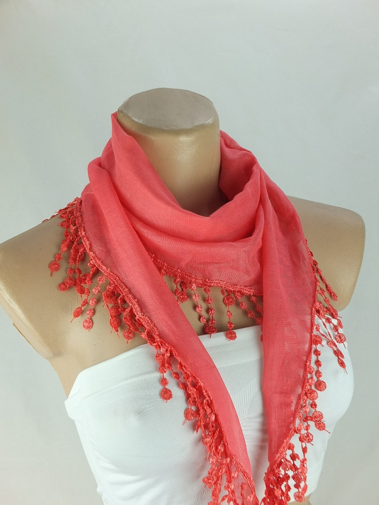 Coral Red Cotton Scarf, Cowl With Polyester Trim,neckwarmer, Scarf Necklace, Foulard,scarflette,