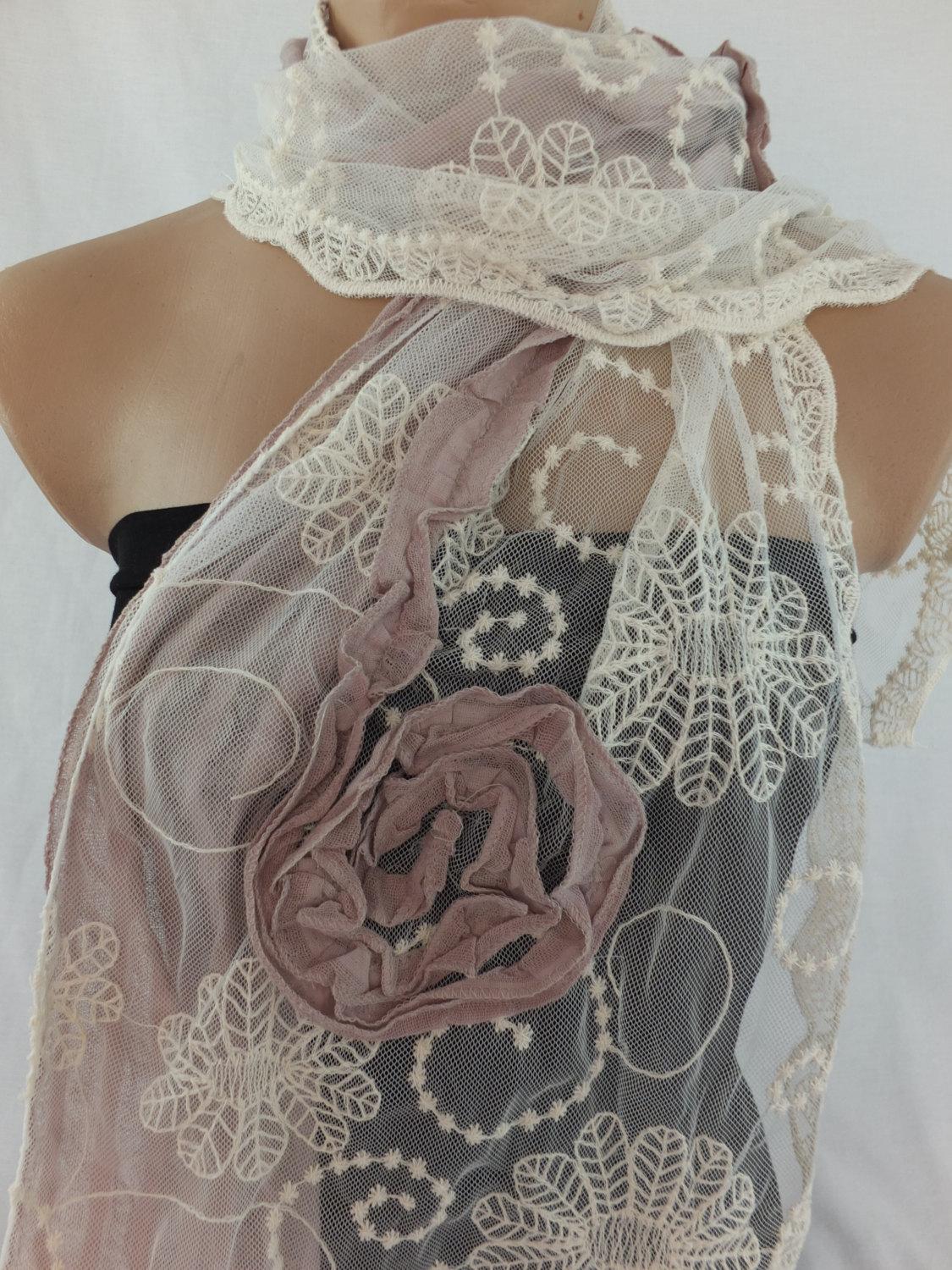 Woman Fashion Scarf , Tulle And Cotton Scarf, Dusty Pink And Cream Shawl, Long Scarf Shawl, Lace Cowl, Gift For Her
