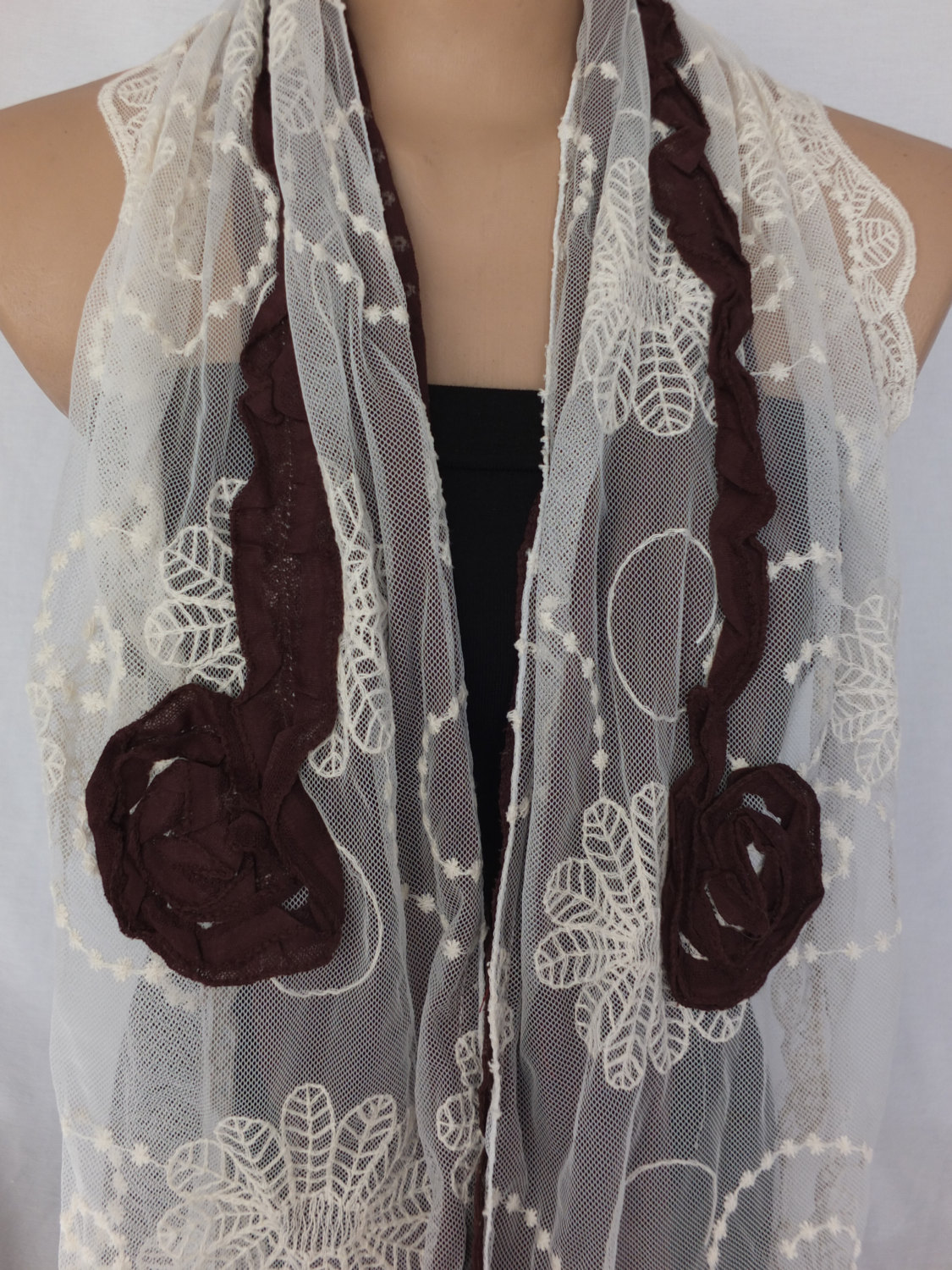 Rose Scarf Shawl, Tulle And Cotton Scarf, Brown And Cream Shawl, Long Scarf Shawl, Lace Cowl, Gift For Her