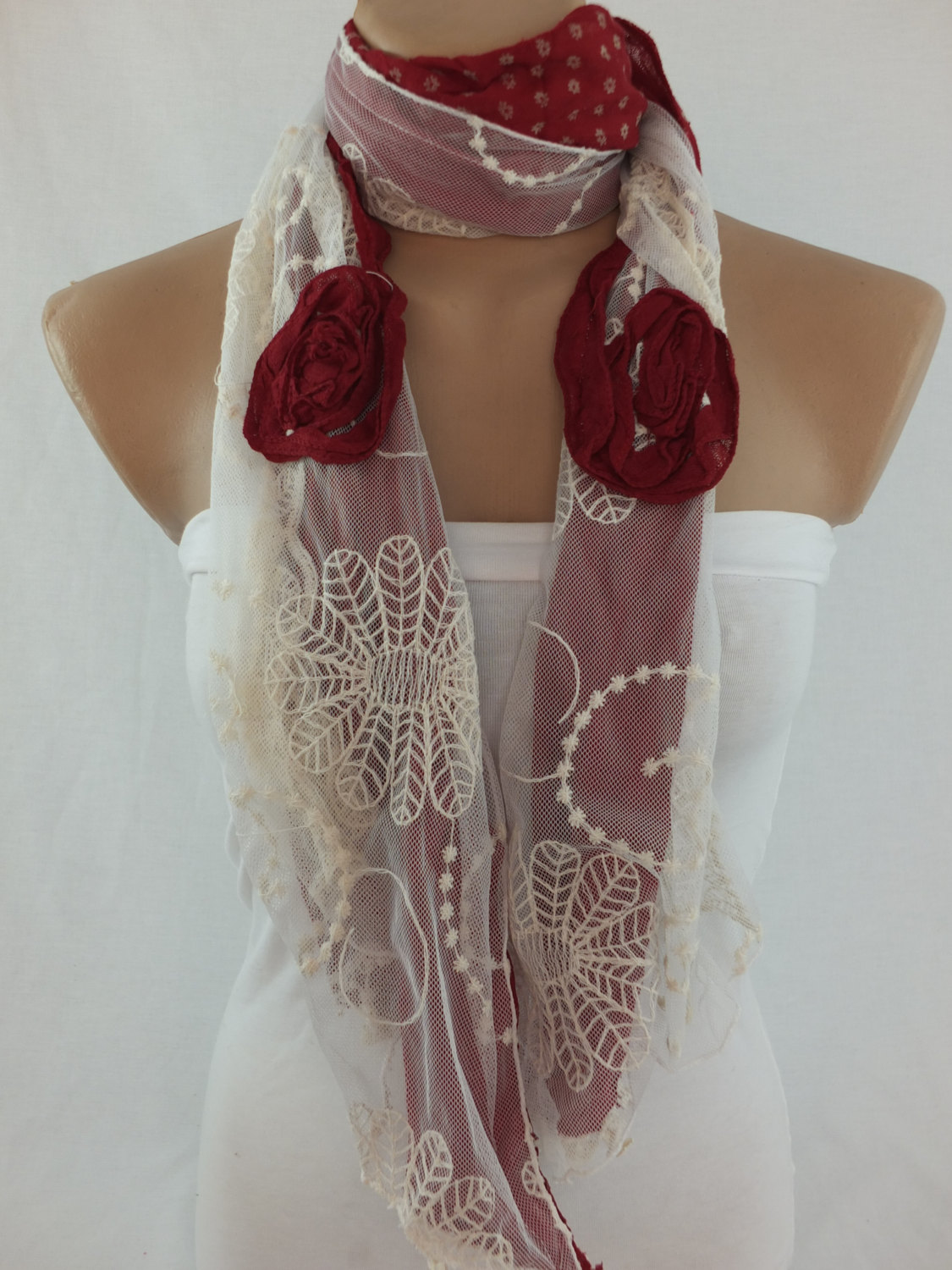 Deep Wine And Cream Scarf/shawl, Tulle And Cotton Scarf, Womans Elegant Scarf, Long Scarf Shawl, Lace Cowl, Gift For Her