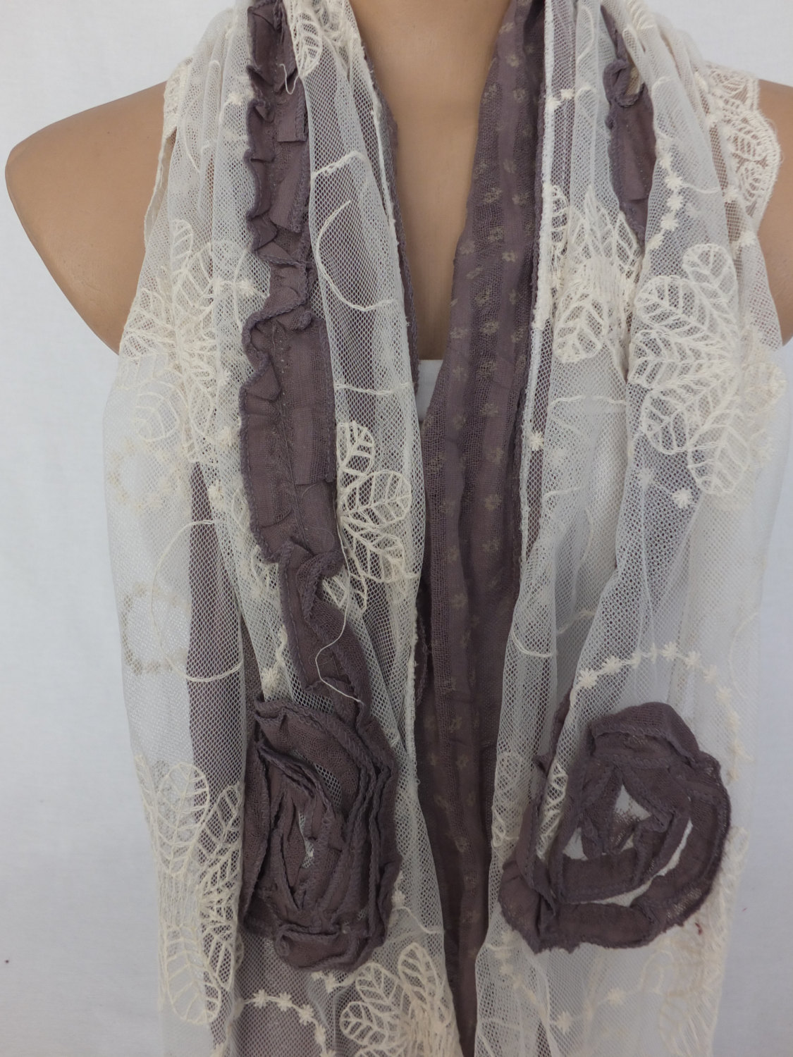 Gray Rose Scarf, Embroidery Tulle And Cotton Scarf, Shabby Chic Scarf, Womans Fashion Scarf, Long Scarf Shawl, Gift For Her