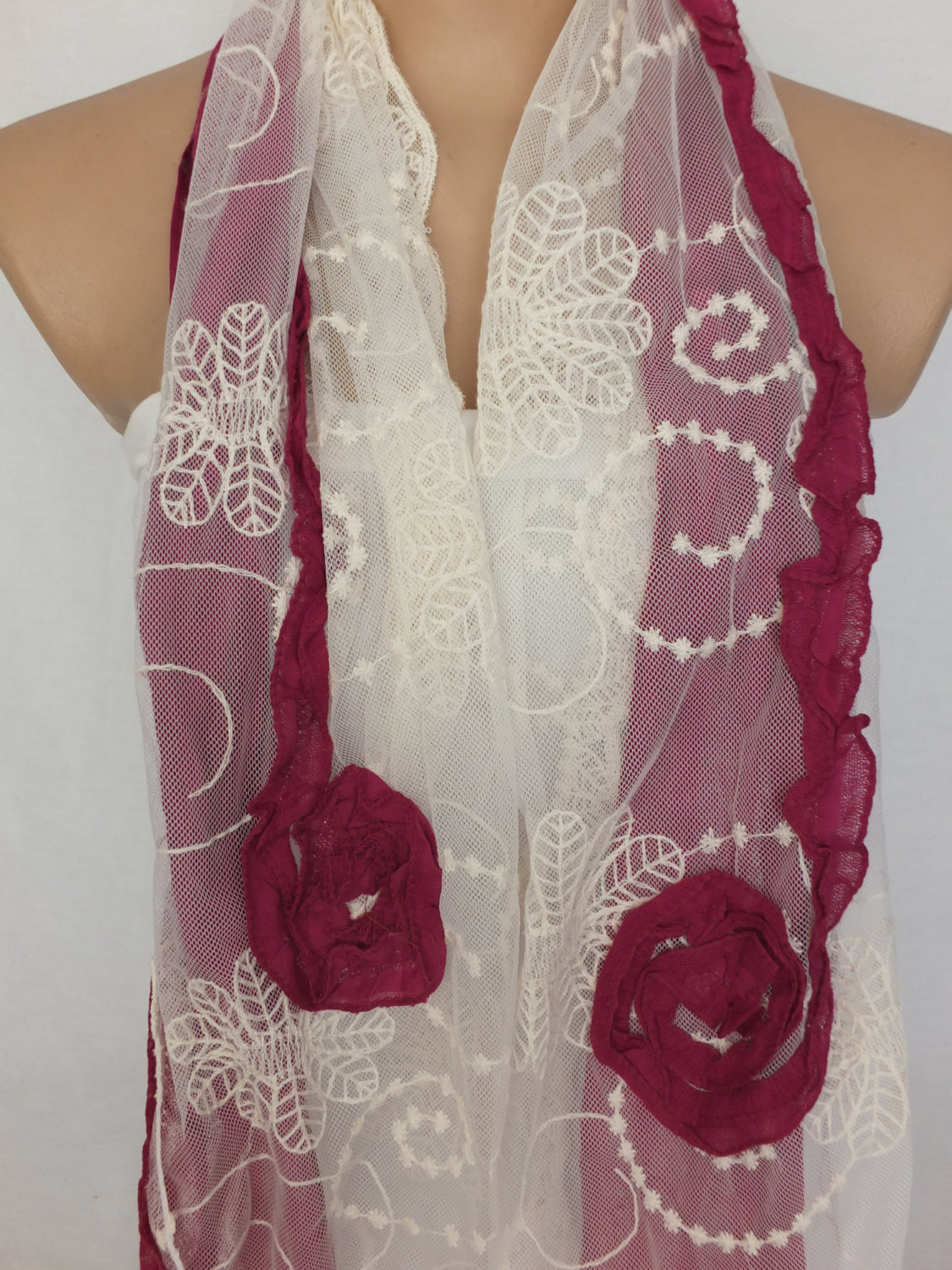 Burgundy Rose Scarf, Tulle And Cotton Scarf, Burgundy And Cream Shawl, Long Scarf Shawl, Lace Cowl, Gift For Her