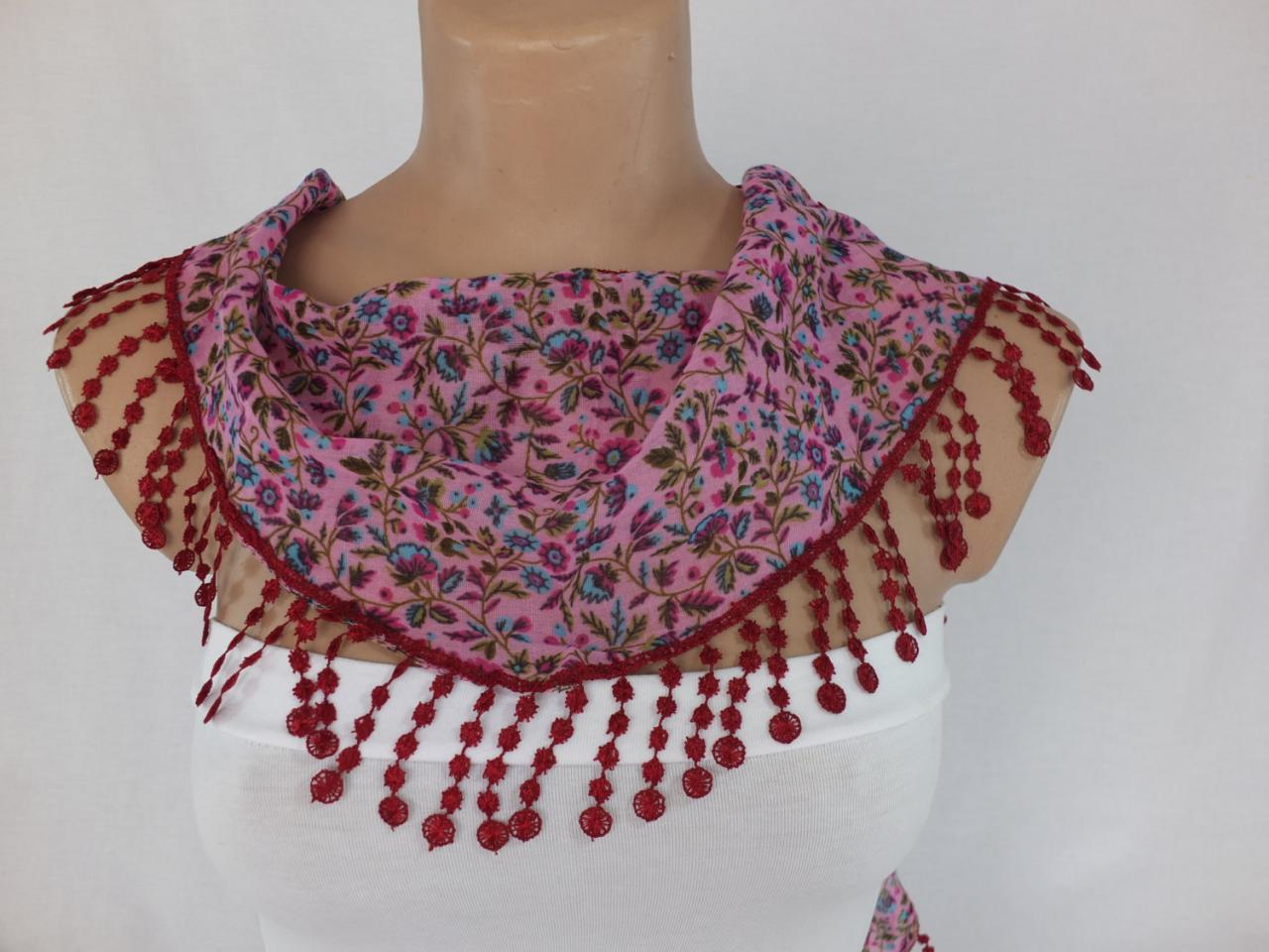 Pink floral scarf, cotton scarf, cowl with polyester trim,neckwarmer, scarf necklace, foulard,scarflette,
