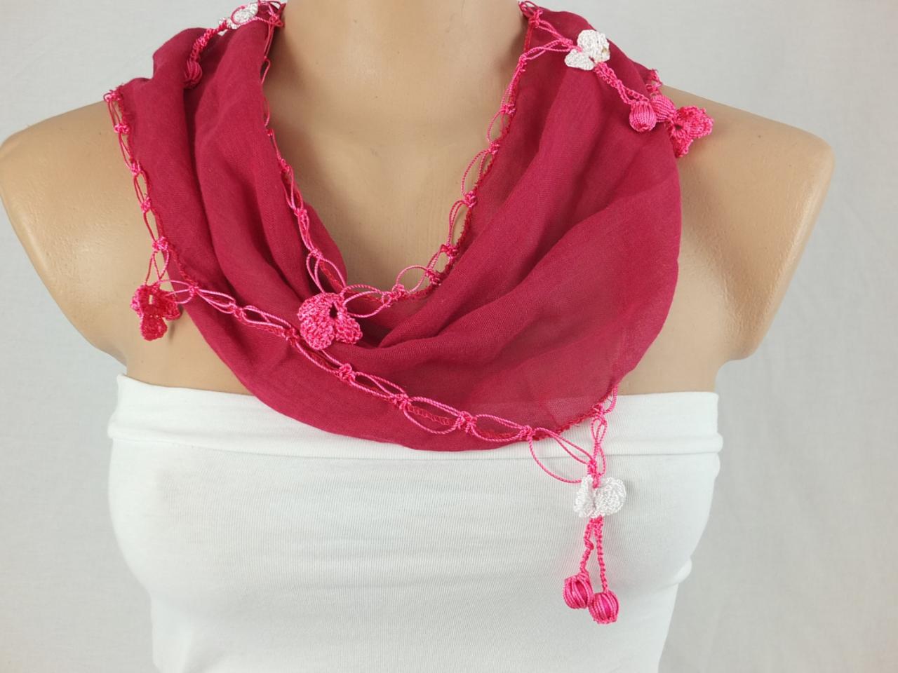 Fuchsia scarf ,hot pink cotton scarf with hand crochet edges , Turkish scarf,scarf necklace, foulard,scarflette,christmas gift