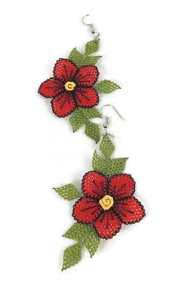 Red Flower Earrings ,turkish Oya Earrings, Needle Lace Floral Earrings, Long Dangle Crochet Earrings , Unique Boho Earrings