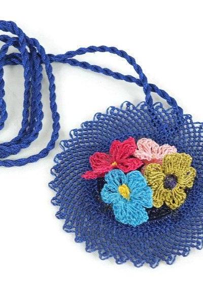 Sax Blue Crochet Necklace With Flowers, Turkish Oya Jewelry, Crochet Jewelry , Flower Necklace, Medallion Pendant, Floral Jewelry,
