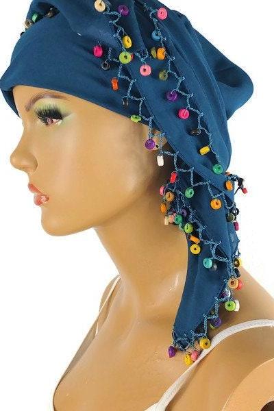 Dark Green Scarf with Bead Crochet Edges - Soft Square Headscarf - Turban Headwrap, Turkish oya scarf