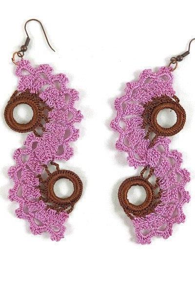 Pink And Brown Spiral Earrings, Long Dangle Earrings , Crochet Lace Earrings, Turkish Oya ,statement Crochet Jewelry, Gift For Her
