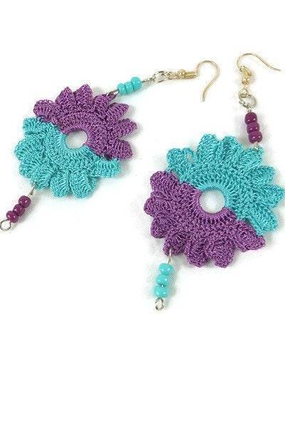 Purple And Blue Flower Earrings , Crochet Earrings, Crochet Jewelry, Dangle Earrings, Boho Hippie Jewelry , Spring Summer Jewelry
