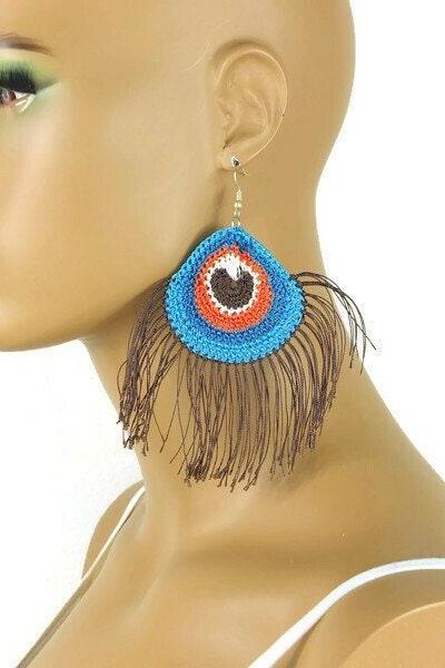 Crochet earrings, simple boho earrings peacock feathers bird watcher gift, hippie novelty earrings, small gifts for friends, cool earrings