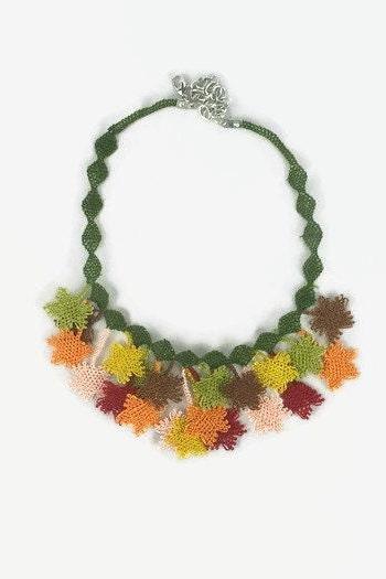 Crochet Necklace Crocheted Leaves Choker Necklace - Fall Colors - Turkish Oya Jewelry - Multicolor Statement Necklace - Tatted Lace Jewelry