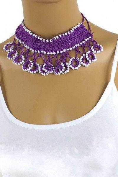 BEAD CROCHET NECKLACE, Unique Purple Choker, Gifts For Her, Crochet Jewelry,