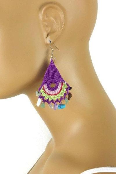 Purple Crochet Earrings - Statement Festival Earring - Boho Dangle Earring - Crochet Colorful Earring , Fiber Earrings