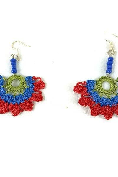 Red and Blue Flower Earrings , Crochet Earrings, Crochet Jewelry, Dangle Earrings, Boho Hippie Jewelry , Spring Summer Jewelry