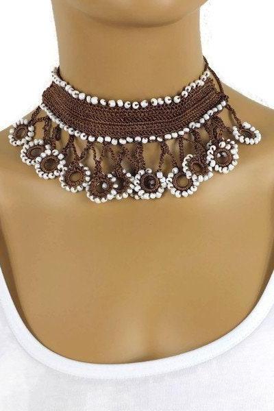 BEAD CROCHET NECKLACE, Unique Brown Choker, Gifts For Her, Crochet Jewelry,