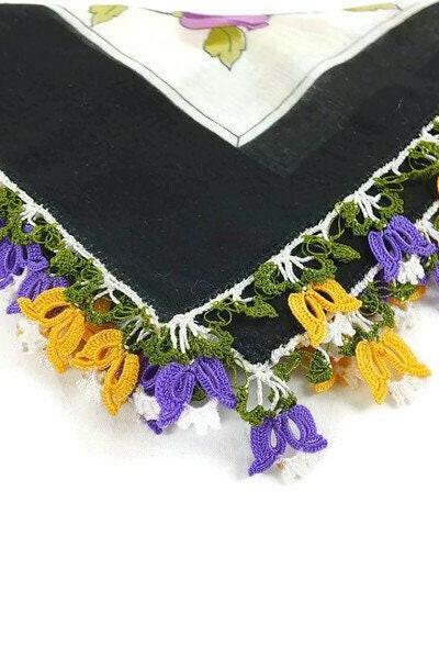 Turkish Oya scarf - Black Floral - Crochet Flower Edges - Square Headscarf - Turban Headwrap, boho Tribal gypsy