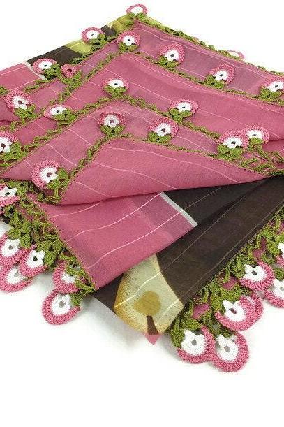  Turkish Oya scarf - Floral - Crochet Flower Edges - Square Headscarf - Turban Headwrap, boho Tribal gypsy