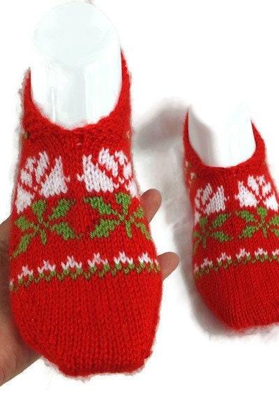 Light Red Slippers For Women, Hand Knit Red Home Slippers, Gift For Mom