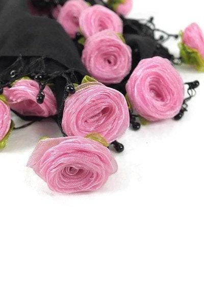 Black Scarf With Pink ribbon rose and crochet edges, Square Head Scarf, Turkish Scarf, Muslim Headwear, Gift for Mom
