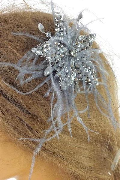 Bridal Head Pieces, Wedding Hair Piece, Gray Color Beaded Feather Haie Jewelry