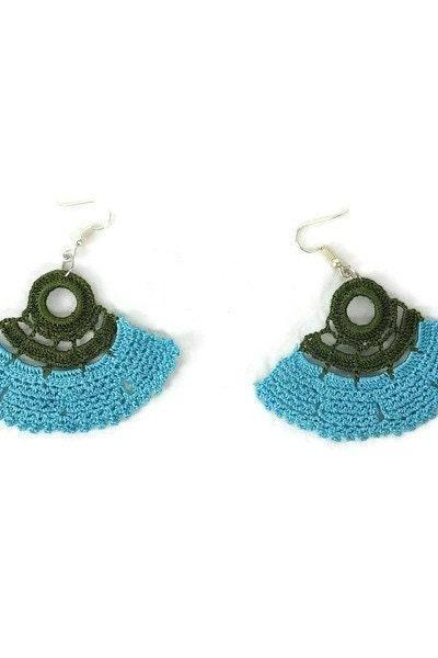  CROCHET BOHO EARRING, , Unique Drop Dangle, Blue Fan Earrings, Gift For Woman, Turkish Oya , Lightweight Earrings, Crochet Fiber Earrings