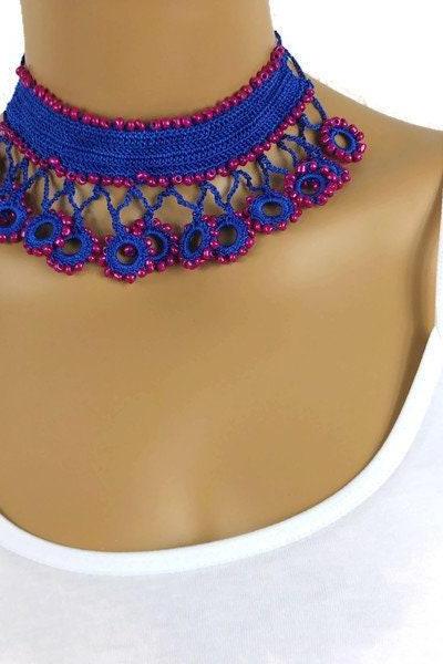 BEAD CROCHET NECKLACE, Unique Blue Choker, Gifts For Her, Crochet Jewelry,