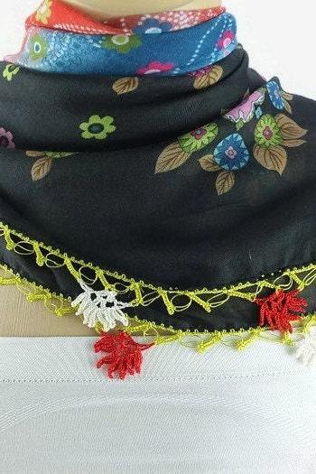 Turkish Oya Scarf - Black Floral - Crochet Flower Edges - Womens Square Headscarf - Turban Headwrap