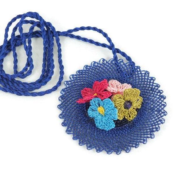 Sax Blue Crochet Necklace with Flowers, Turkish Oya Jewelry, Crochet Jewelry , Flower Necklace, Medallion Pendant, Floral Jewelry,