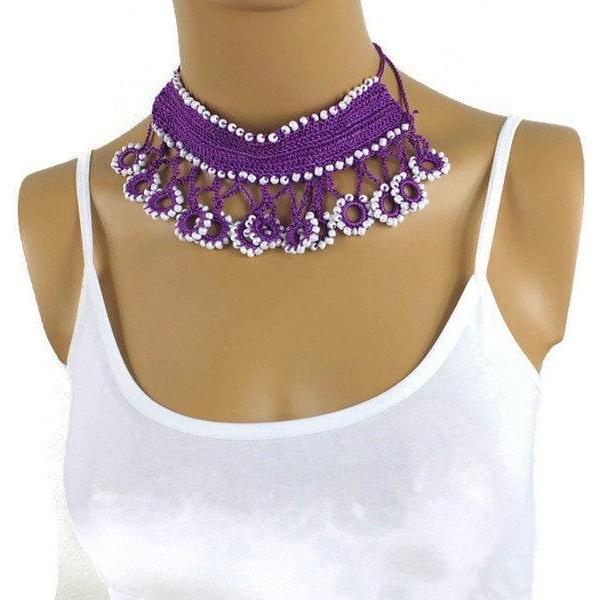 BEAD CROCHET NECKLACE, Unique Purple Choker, Gifts For Her, Crochet Jewelry,