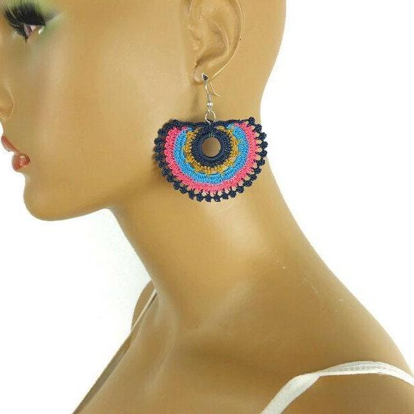 CHIC HOOP EARRING - Tribal Earrings - Crochet Jewelry - Statement Earring - Boho Colorful Hippie Jewelry - Trendy Earring Gift For Wife