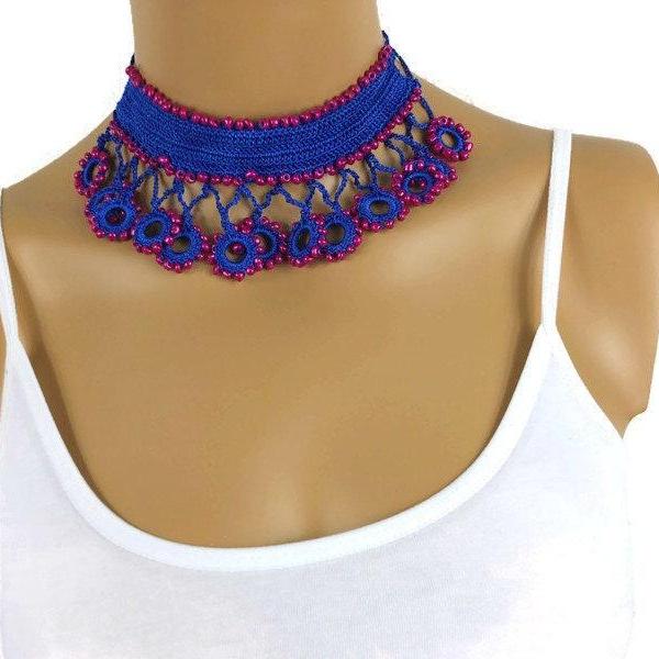 BEAD CROCHET NECKLACE, Unique Blue Choker, Gifts For Her, Crochet Jewelry,