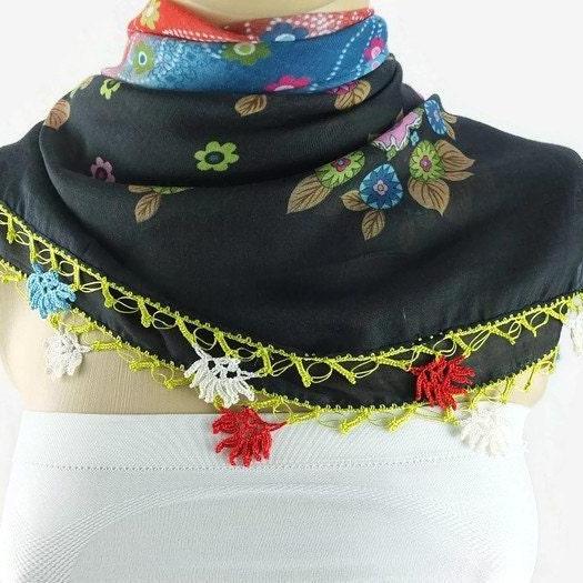  Turkish Oya scarf - Black Floral - Crochet Flower Edges - Womens Square Headscarf - Turban Headwrap