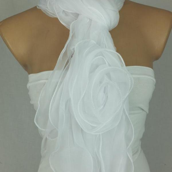 White bridal scarf,3d rose scarf shawl, silk-chiffon blend scarf, ruffled woman scarf, wedding scarf, Christmas gift, gift for her